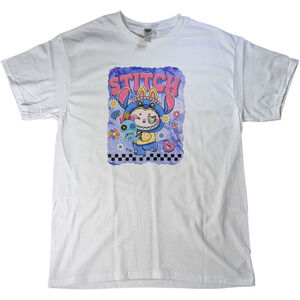 Cute Gildan- Bubu Stitch Graphic White T Shirt Pink Purple Design Size Med NWOT